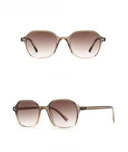 Detail view of hexagonal tan gradient sunglasses showing front and 45-degree side angles