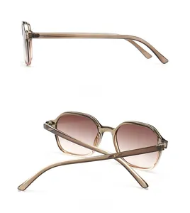 Side and back view of retro hexagonal amber frames with brown gradient lenses