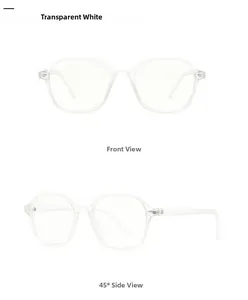 Detail view of transparent white hexagonal glasses frames with a 45-degree side angle