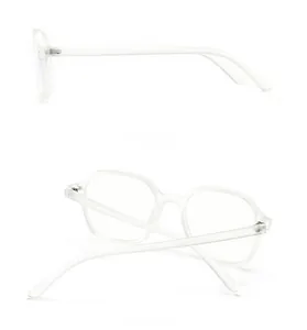 Detail showing side and back views of hexagonal transparent frames with clear temples