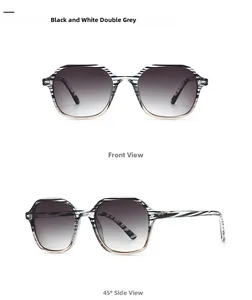 Front and 45-degree angle view of hexagon zebra stripe glasses with gradient grey lenses