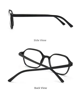 Side and back view of black hexagonal full-frame glasses with a high-gloss finish