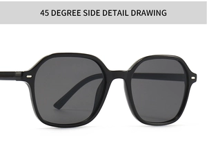 45-degree side detail showing hexagonal black frames with silver metal rivets