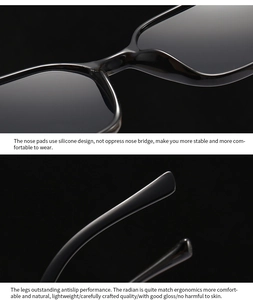 Detail of comfortable silicone nose pads and ergonomic glossy black temples on eyewear