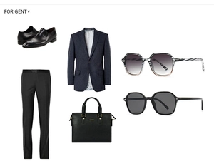 Flat lay of business casual outfit including hexagonal sunglasses and leather briefcase