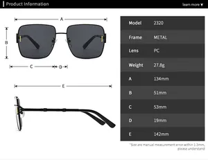 Tableau des tailles détaillé et spécifications des lunettes de soleil carrées
