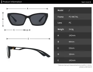 Detailed size chart with dimensions for cat eye sunglasses featuring metal hollow temples