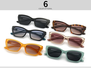 Flat lay of retro rectangle cat-eye sunglasses in six various vibrant colors