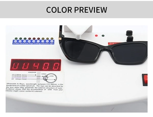 Detail showing cat eye sunglasses on a UV400 testing device for professional UV protection