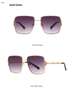 Détails des lunettes de soleil carrées violet doré avec branches en métal stylisées