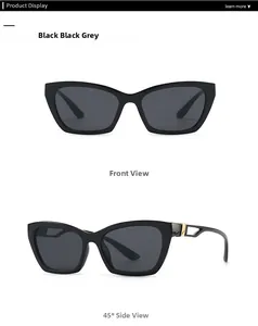 Detailed front and 45-degree side view of black cat-eye sunglasses with gold metal hinges