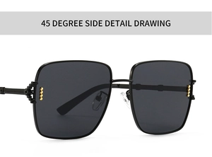 Vue détaillée de lunettes de soleil carrées avec monture noire et quatre clous dorés