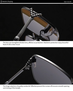 Détail des charnières métalliques robustes et des verres de protection UV sur les lunettes