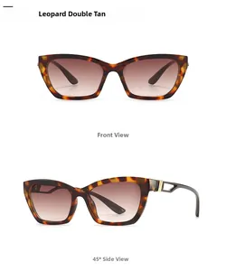 Detailed views of leopard print cat eye sunglasses with gradient tea lenses and metal accents