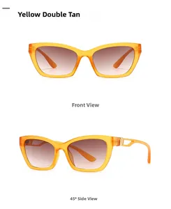 Front and 45-degree side views of cat eye sunglasses with yellow frame and golden hinges