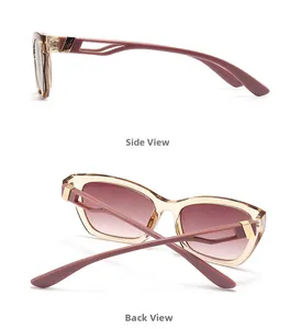 Detail view of cat eye sunglasses with metal gold buckles and translucent frames