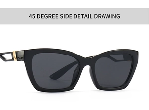 45-degree side view showing black cat-eye sunglasses with gold metal temple accents