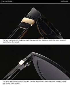 Detail view of thickened protective lenses and high-quality metal hinges on black sunglasses