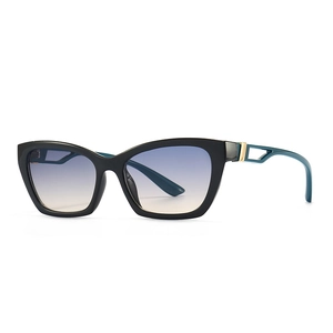 Cat eye sunglasses with black frame, blue gradient lenses and hollow temple design