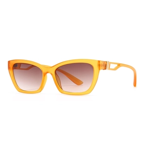 Modern orange cat eye sunglasses with gradient brown lenses and hollow metal temple accents