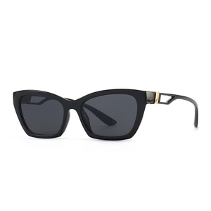 Modern cat-eye sunglasses for women with black frames and hollow gold metal temples