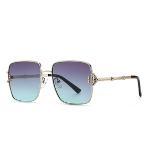 Lunettes de soleil rétro carrées avec verres dégradés violets et branches dorées