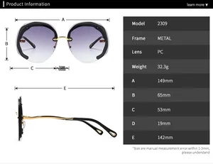 Detailed size specifications for metal round sunglasses featuring lens and frame measurements