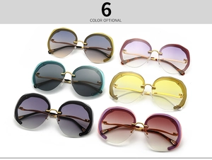 Detail of round oversized sunglasses with scalloped edges in six assorted gradient lens colors