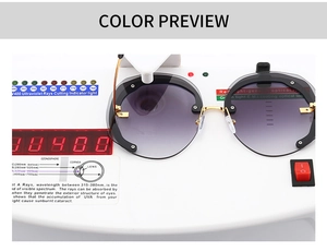 Detail showing oversized round sunglasses lens tested for UV400 protection on measuring device