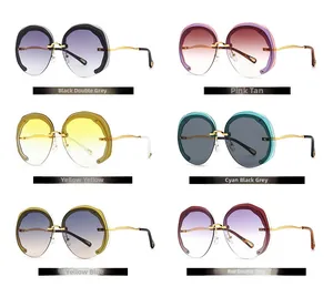 Matrix of round retro sunglasses with wavy gold temples and various colorful lenses