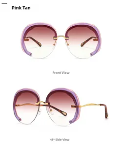 Detail of oversized round rimless sunglasses with pink gradient scalloped lenses