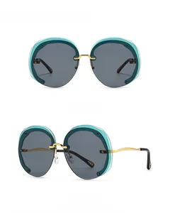 Front and 45-degree side views of retro oversized round sunglasses with cyan frames