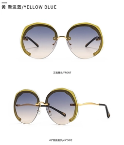 Front and side views of large round sunglasses with yellow-blue gradient lenses