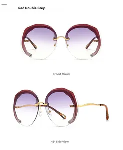 Detailed front and 45-degree side views of oversized round gradient purple sunglasses