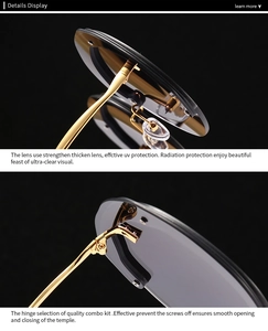 Macro detail of rimless sunglasses with UV protection lenses and gold metal hinges