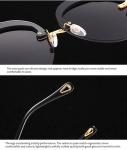 Detail of ergonomic silicone nose pads and anti-slip gold metal temples on black sunglasses