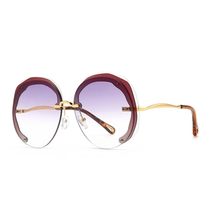Oversized Round Scalloped Sunglasses Rimless Gradient PC Lenses UV400 Protection Metal Wave Temples Retro Trendy For Women
