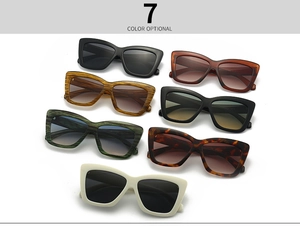 Détails de sept lunettes de soleil œil de chat élégantes en diverses couleurs et motifs