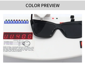 Détail de lunettes de soleil œil-de-chat noires lors d'un test de protection UV400 sur écran
