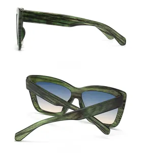 Vue latérale et arrière des lunettes de soleil œil-de-chat rétro avec monture en grain de bois