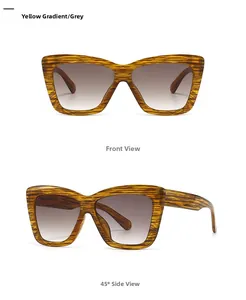 Vues détaillées de lunettes de soleil œil de chat jaune-gris avec verres dégradés et texture