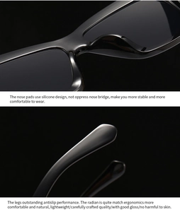 Détails de lunettes de soleil noires brillantes avec plaquettes et branches ergonomiques