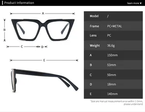 Detailed size chart for cat eye glasses showing frame width and lens dimensions