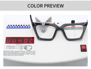 Cat eye glasses UV400 test showing protective lens performance on digital optical device