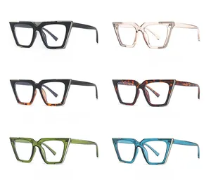 Detail view of large geometric cat-eye frames in six trendy colors with metal accents