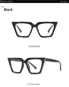 Front and 45-degree side view of black cat-eye glasses with gold metal frame details