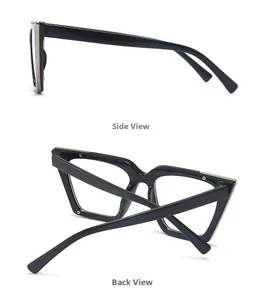 Side and back view of oversized black cat-eye frames with stylish metal hinge details