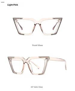 Detail view of pink cat-eye glasses frame with dark grey corner accents from two angles