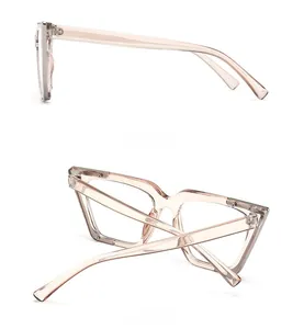 Side and back view of champagne cat-eye glasses frame with metal hinges and sleek lines