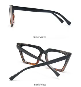 Side and back view of retro black and tortoiseshell cat-eye glasses with metal hinges